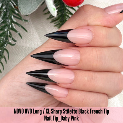 Long XL Sharp Stiletto Black French Tip Nail Tips Baby Pink