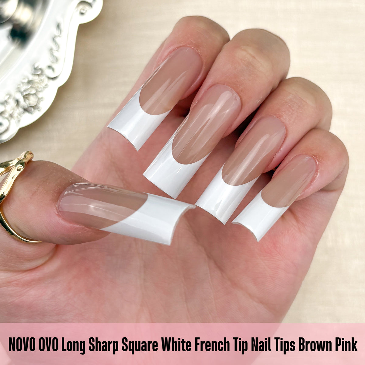 Long Sharp Square White French Tip Naili Tips Brown Pink 180