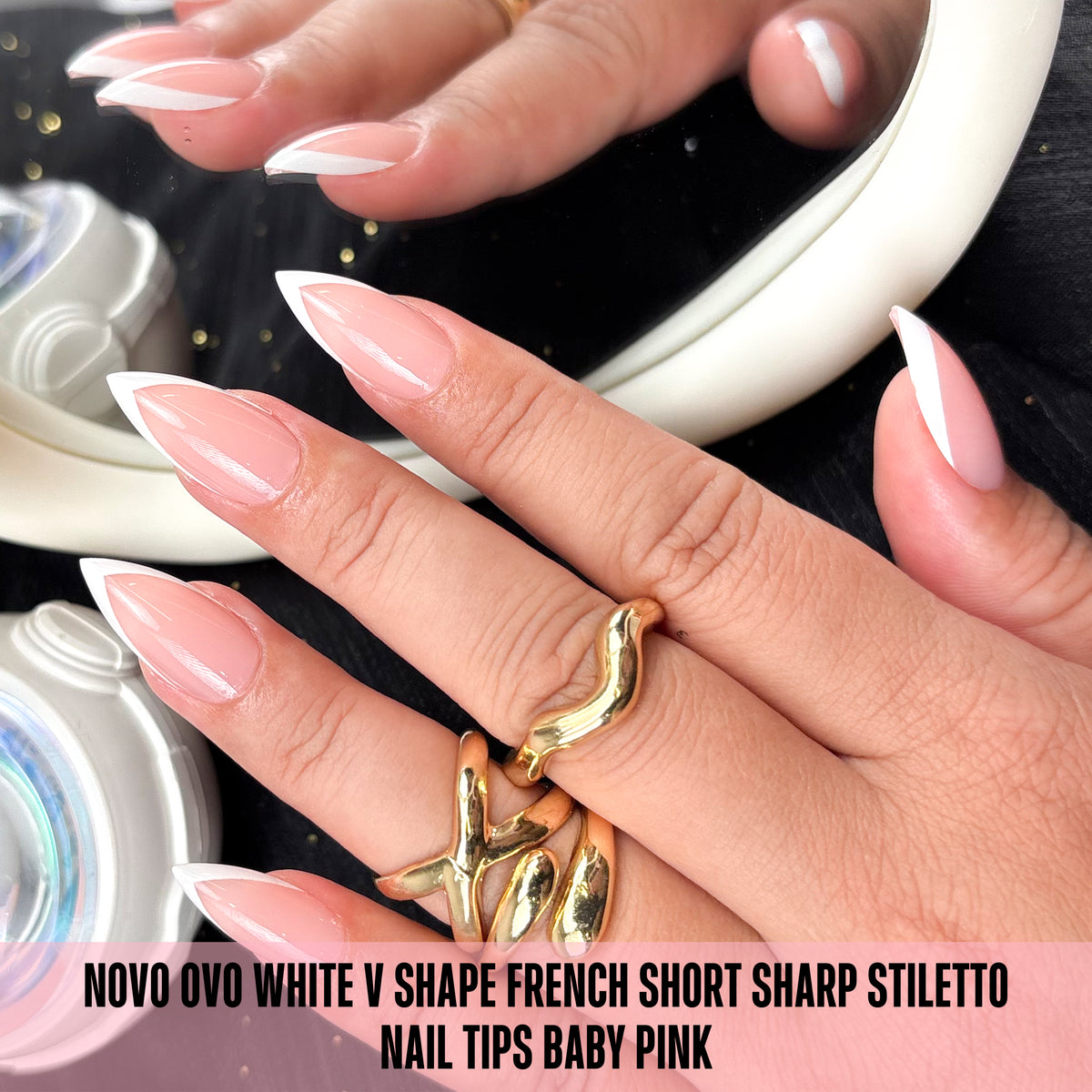 White V Shape French Short Sharp Stiletto Nail Tips Baby Pink