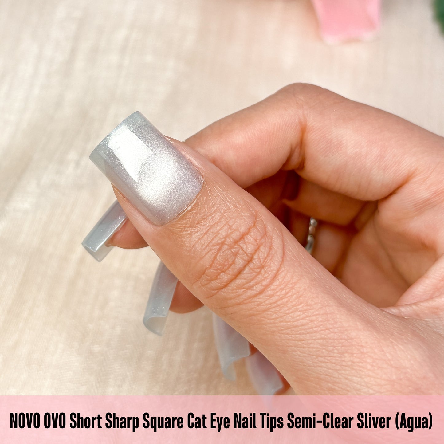 Short Sharp Square Cat Eye Nail Tips Semi-Clear Sliver (Agua)