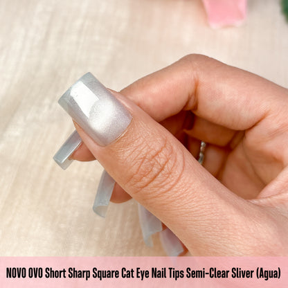 Short Sharp Square Cat Eye Nail Tips Semi-Clear Sliver (Agua)