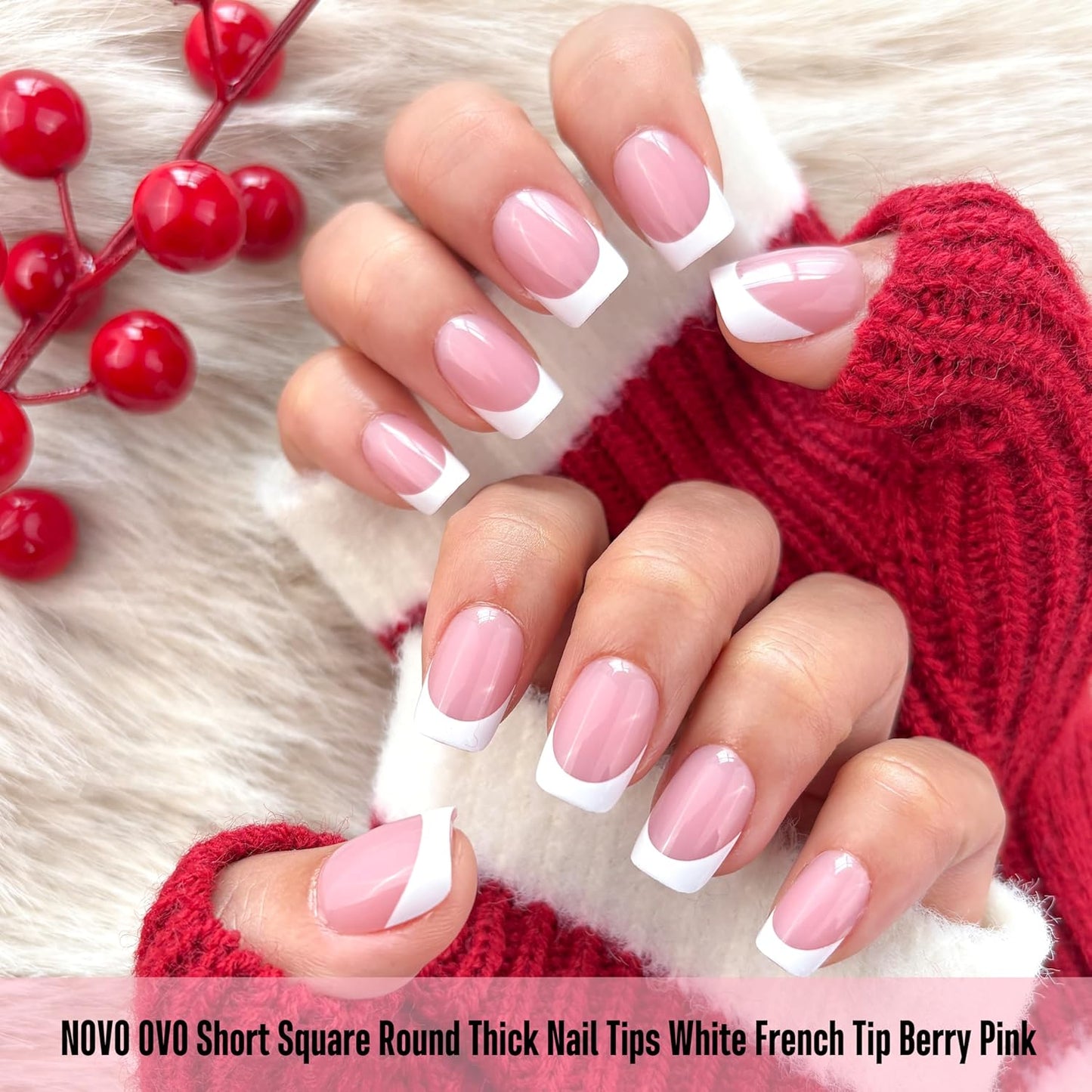Square Round Short White French Tips Berry Pink
