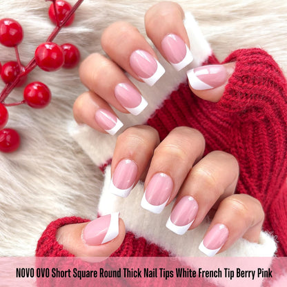 Square Round Short White French Tips Berry Pink