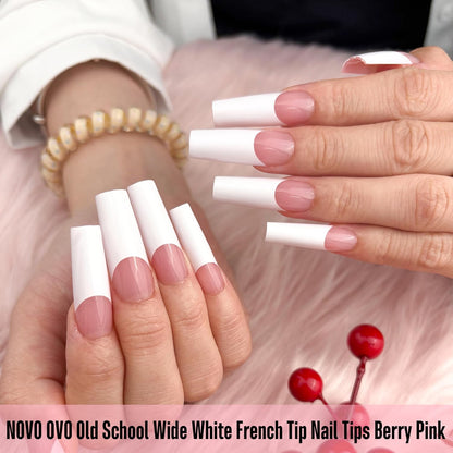Square Long Wide White French Tip Berry Pink