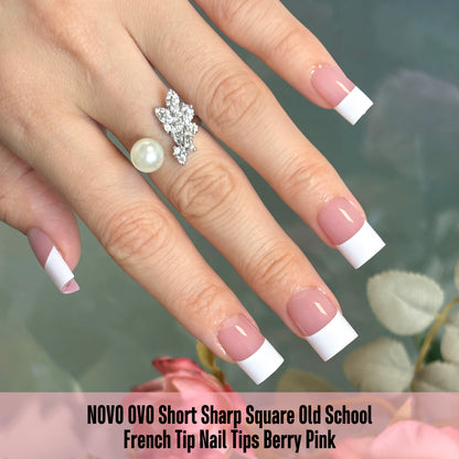 Short Sharp Square Nail Tips Wide White French Tip Berry Pink