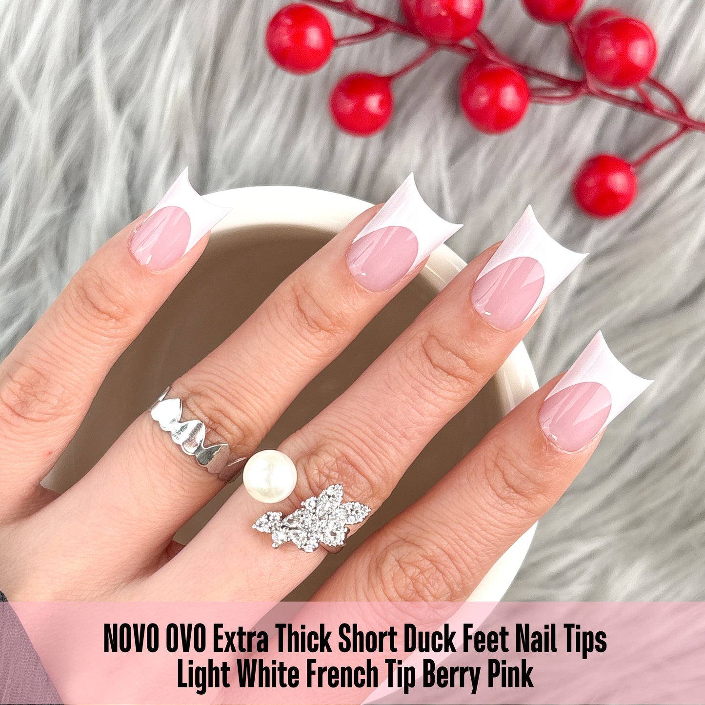 Duck Nails Short with Moon Curve Milk White French Tips Berry Pink