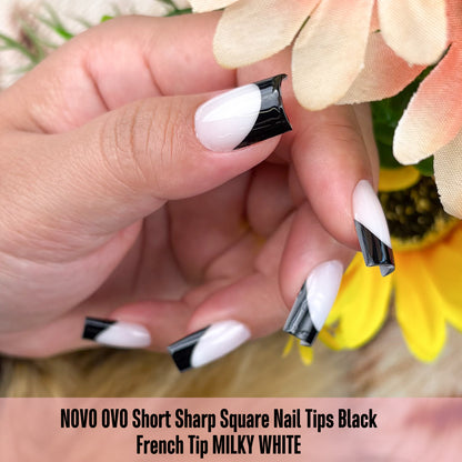 Short Sharp Square Nail Tips Black French Tip MILKY WHITE