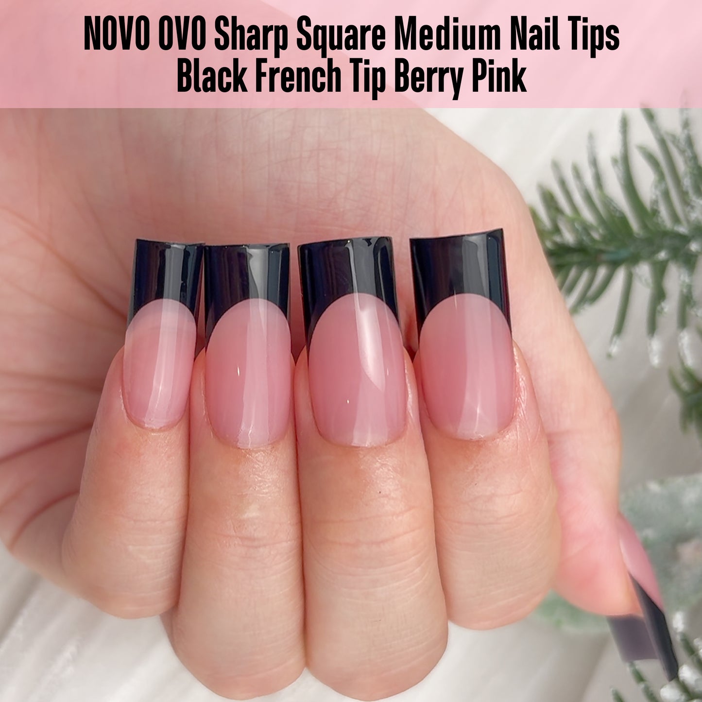 Meidum Sharp Square Black French Tip Naili Tips Berry Pink 180