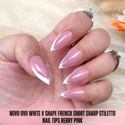 White V Shape French Short Sharp Stiletto Nail Tips Berry Pink