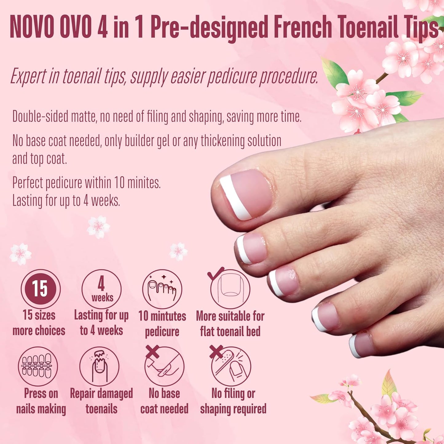 French Tip Toenails Berry Pink 15 Sizes 360 Pcs