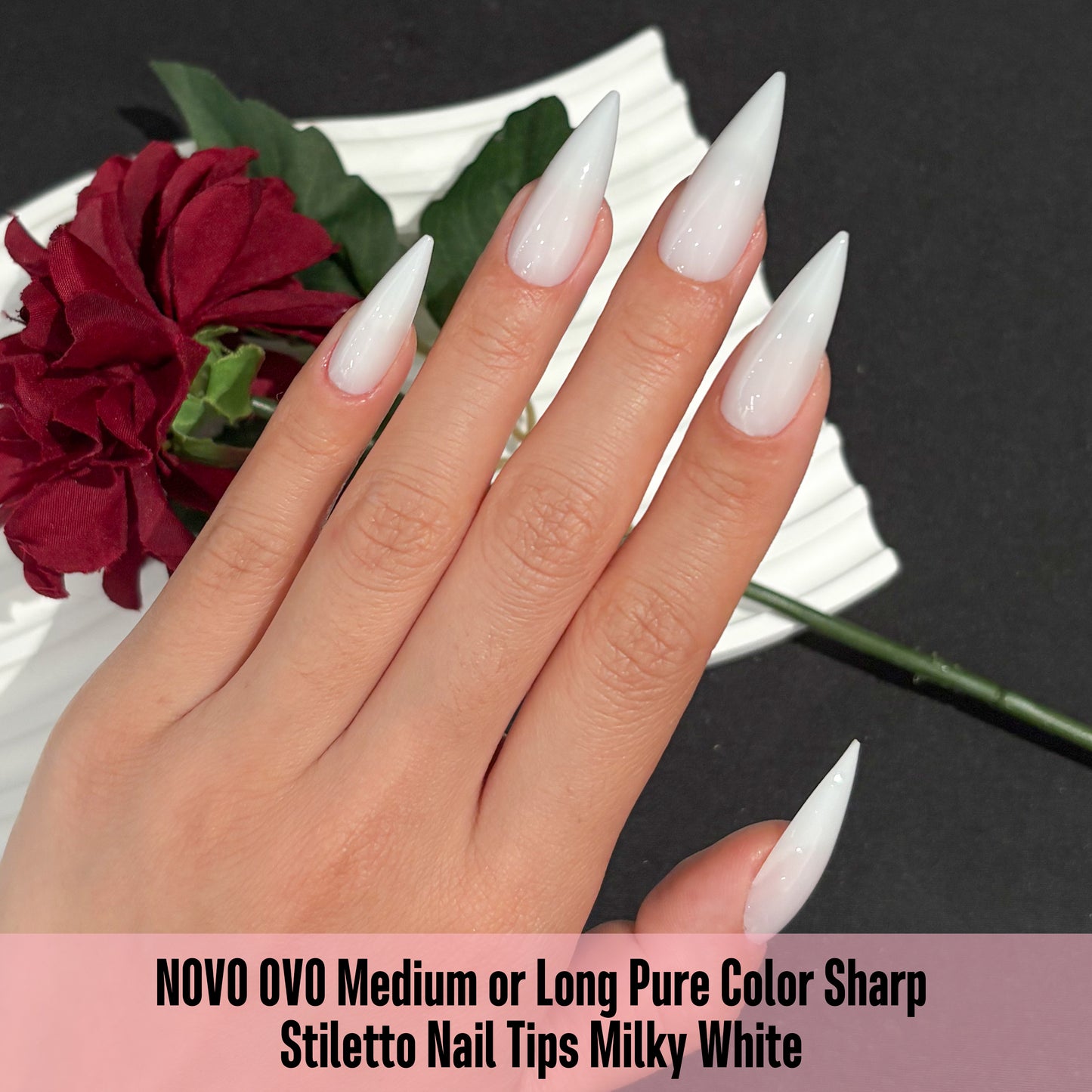 Medium or Long Pure Color Sharp Stiletto Nail Tips Milky White