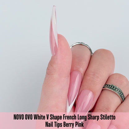 White V Shape French Long Sharp Stiletto Nail Tips Berry Pink