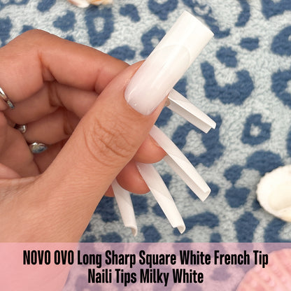 Long Sharp Square White French Tip Nail Tips Milky White