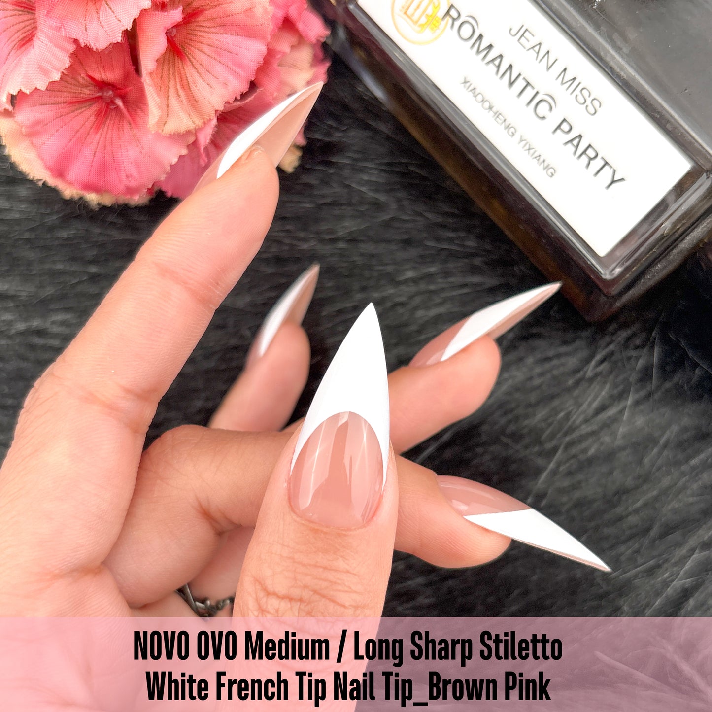 Medium or Long White French Tip Sharp Stiletto Nail Tips Brown Pink