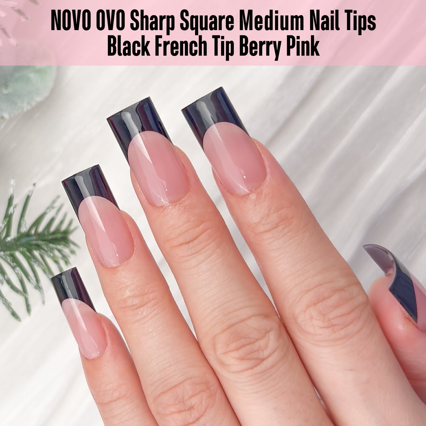 Meidum Sharp Square Black French Tip Naili Tips Berry Pink 180