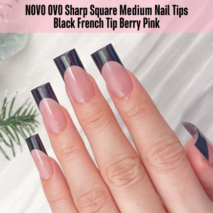 Meidum Sharp Square Black French Tip Naili Tips Berry Pink 180