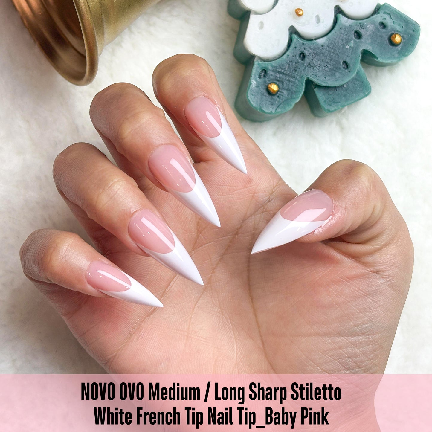 Medium or Long White French Tip Sharp Stiletto Nail Tips Baby Pink