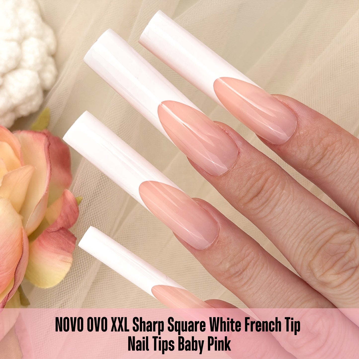 XXL Sharp Square White French Tip Naili Tips Baby Pink 150