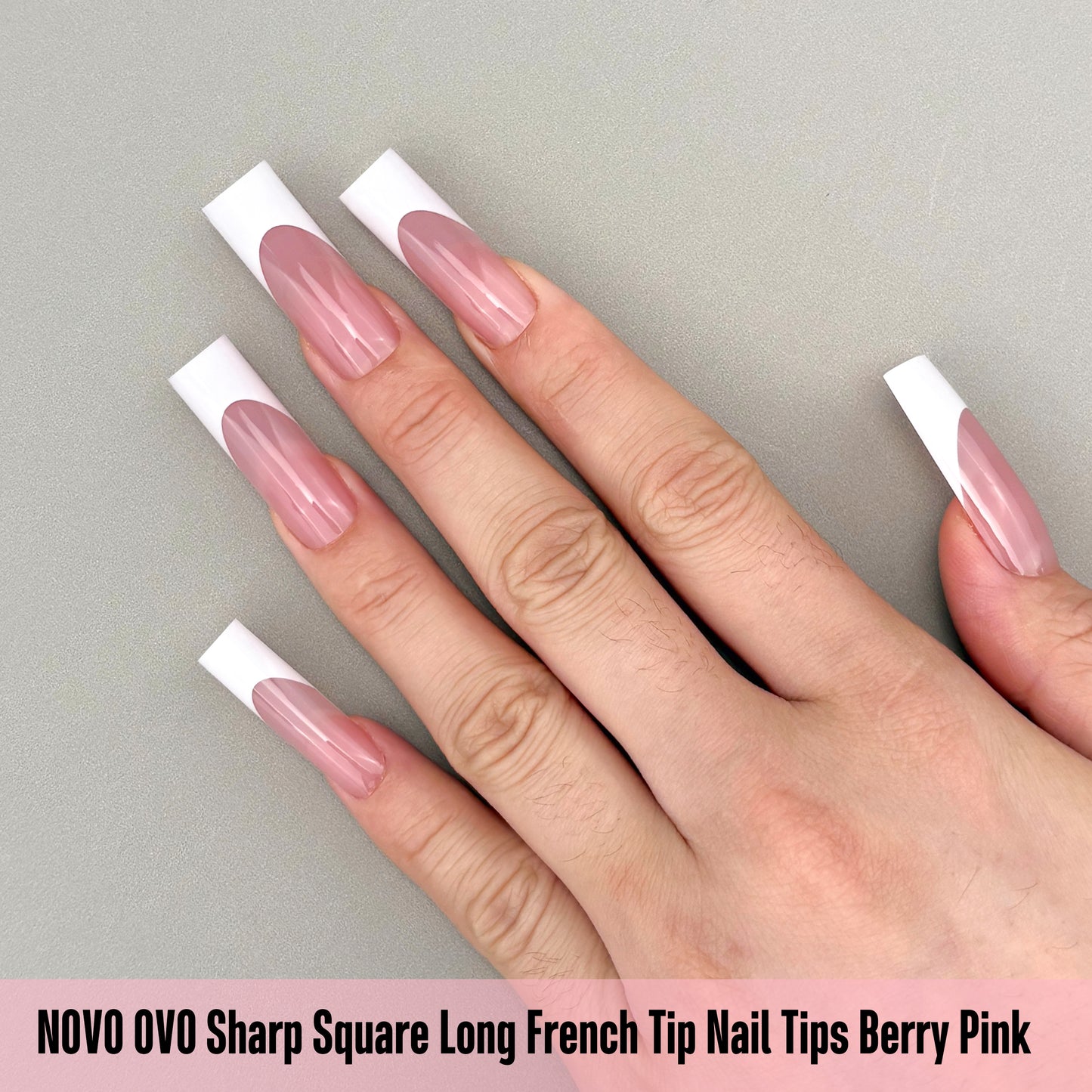 Long Sharp Square White French Tip Nail Tips Berry Pink 180