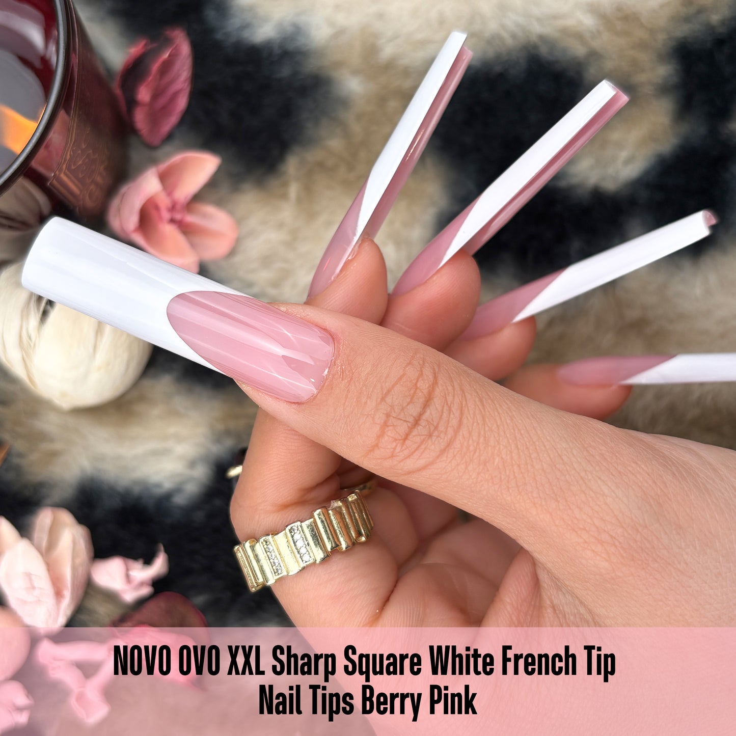 XXL Sharp Square White French Tip Nail Tips Berry Pink 150