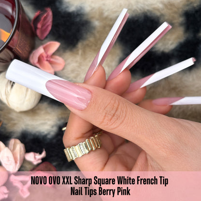 XXL Sharp Square White French Tip Nail Tips Berry Pink 150