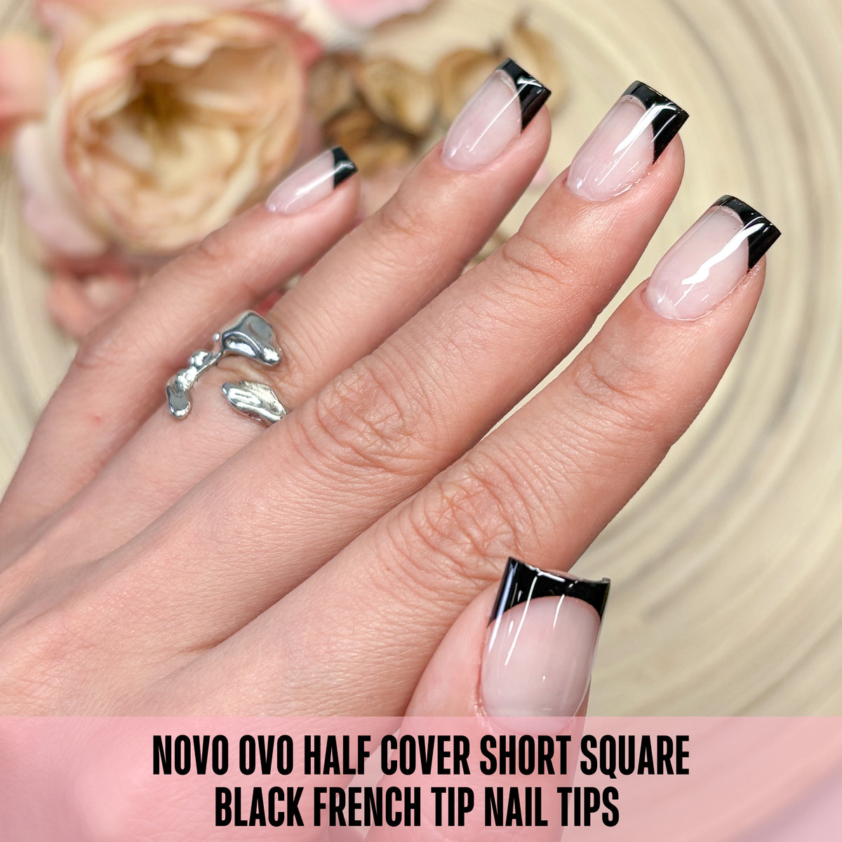 Half Cover Short Square Black French Tip Nail Tips 224