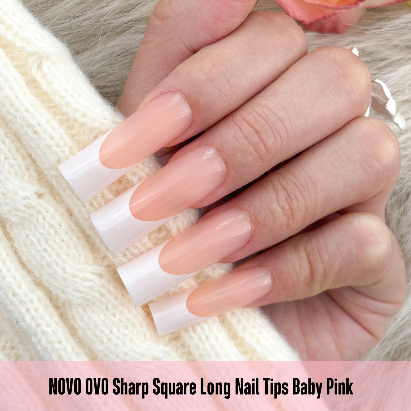 Long Sharp Square White French Tip Nail Tips Baby Pink 180