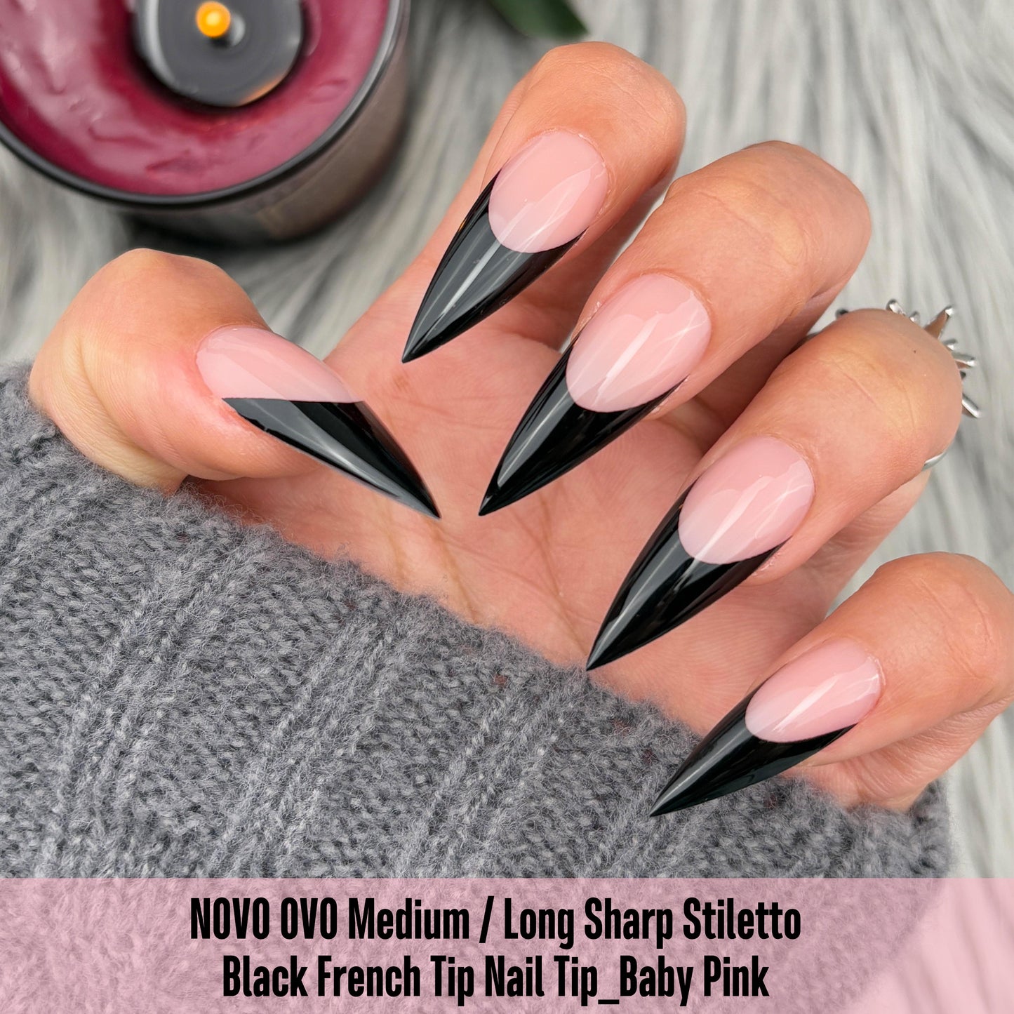 Medium or Long Black French Tip Sharp Stiletto Nail Tips Baby Pink