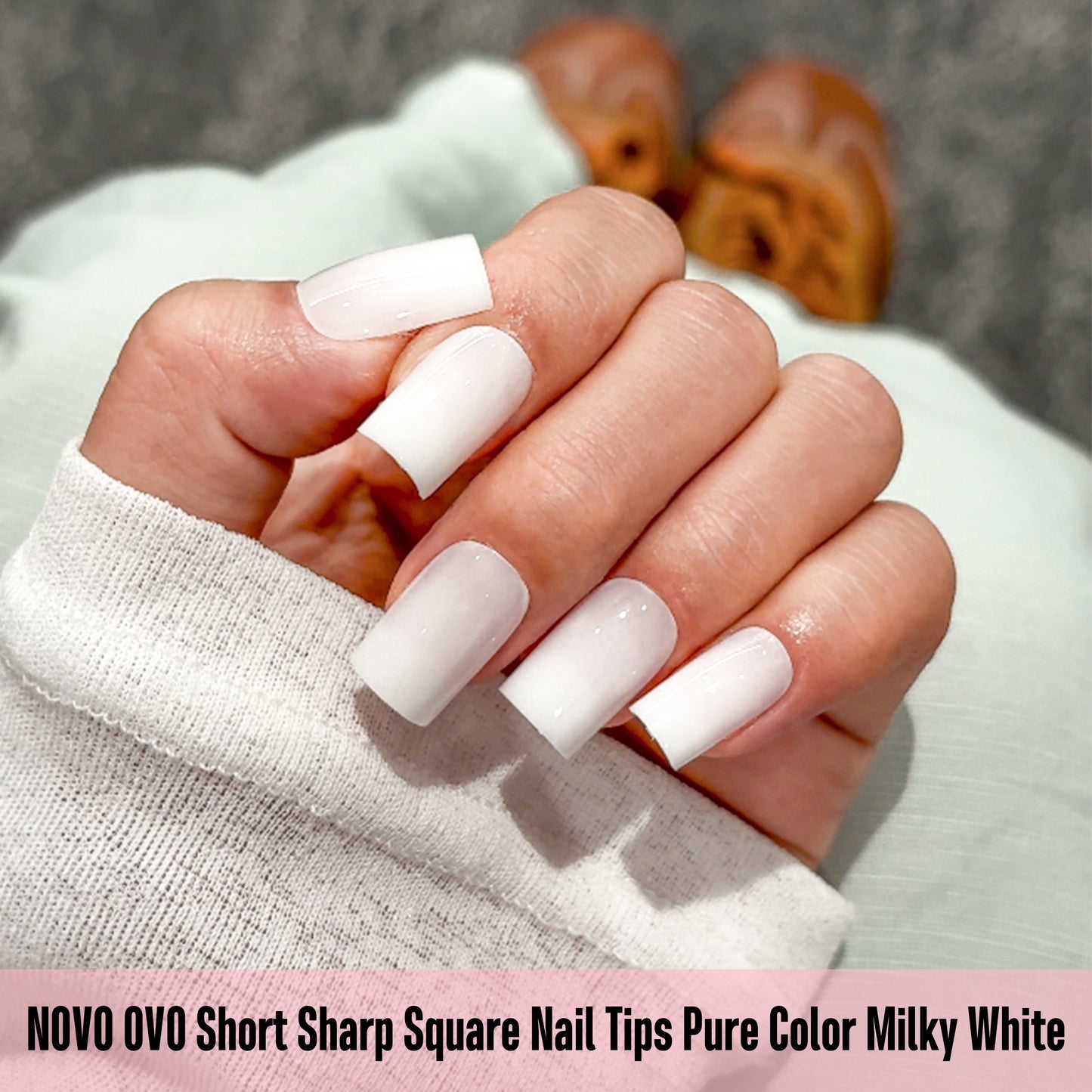 Short Sharp Square Nail Tips Pure Color Milky White