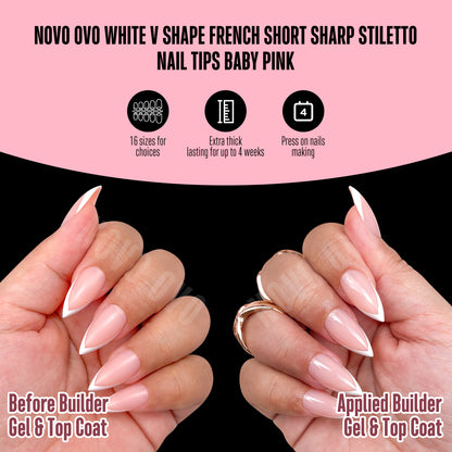 White V Shape French Short Sharp Stiletto Nail Tips Baby Pink