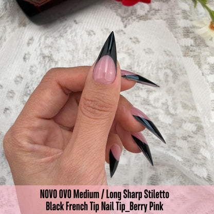 Medium or Long Black French Tip Sharp Stiletto Nail Tips Berry Pink