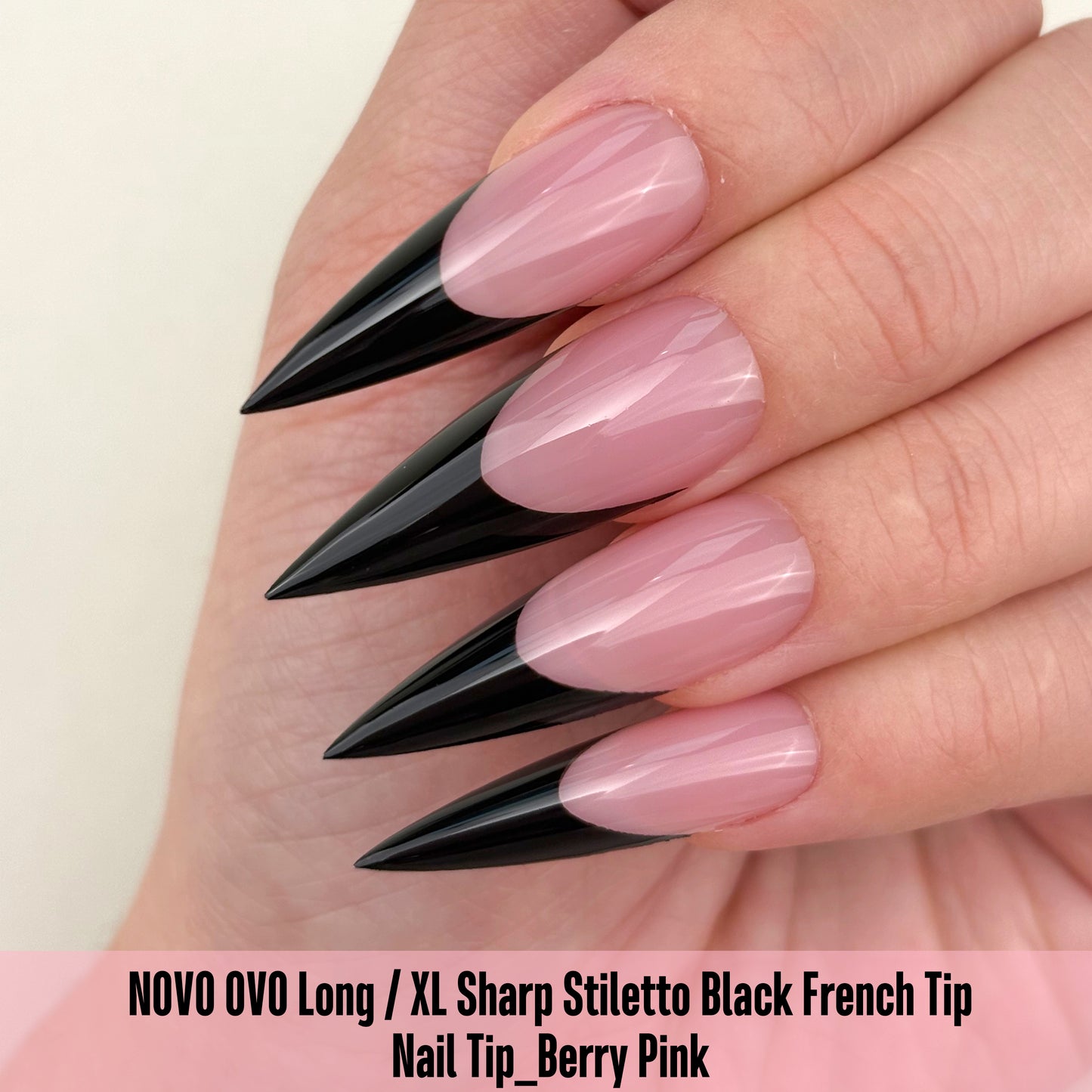 Long XL Sharp Stiletto Black French Tip Nail Tips Berry Pink