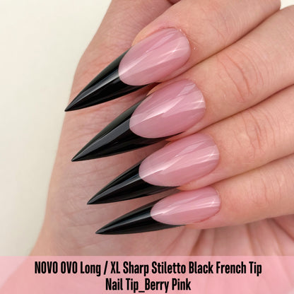 Long XL Sharp Stiletto Black French Tip Nail Tips Berry Pink