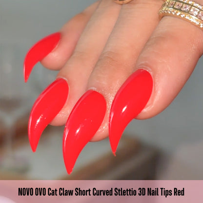 Cat Claw Short Curved Stiletto 3D Nail Tips Red 128