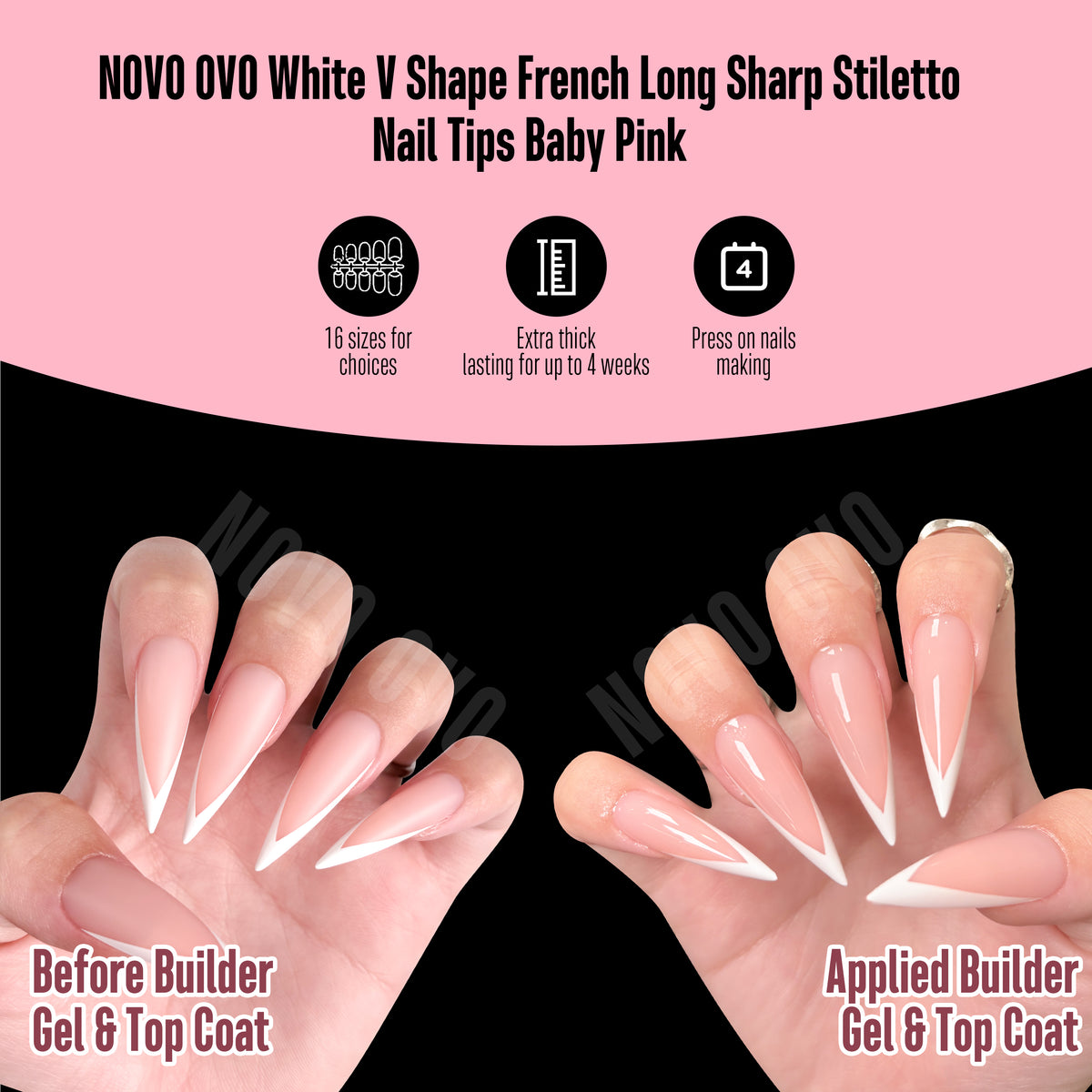 White V Shape French Long Sharp Stiletto Nail Tips Baby Pink