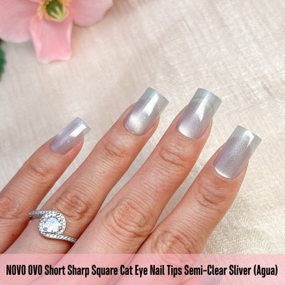 Short Sharp Square Cat Eye Nail Tips Semi-Clear Sliver (Agua)