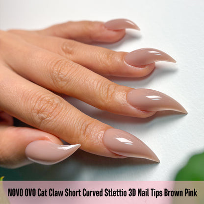 Cat Claw Short Curved Stiletto 3D Nail Tips Brown Pink 128