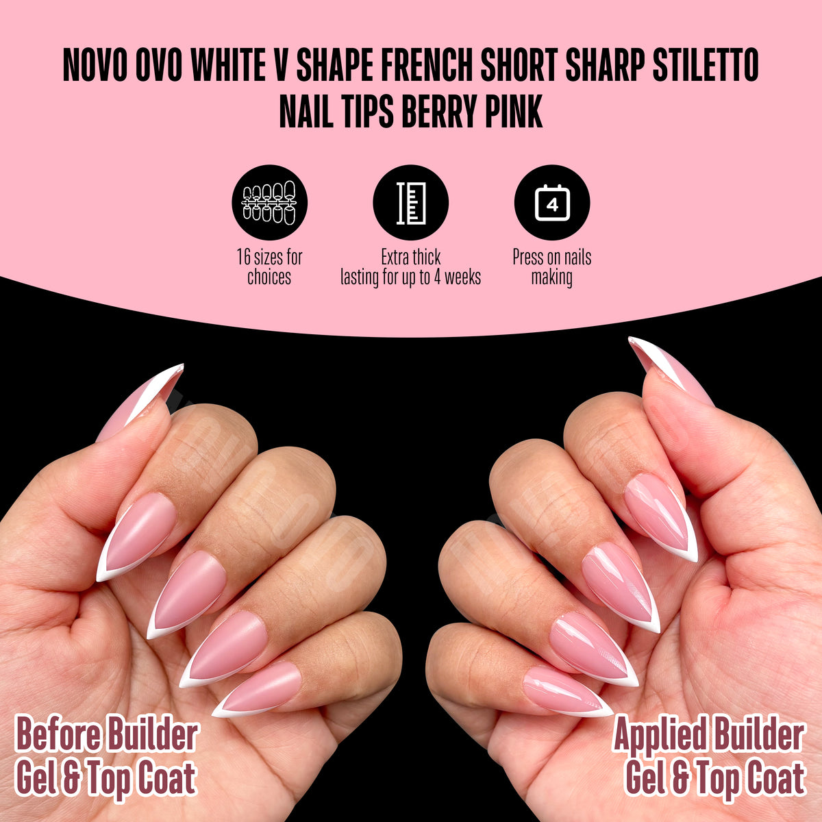 White V Shape French Short Sharp Stiletto Nail Tips Berry Pink