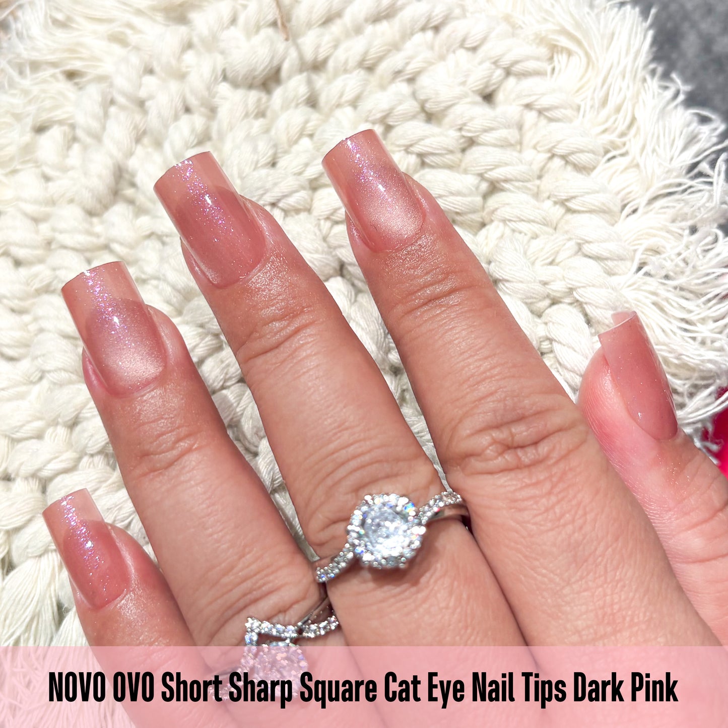 Short Sharp Square Cat Eye Nail Tips Dark Pink