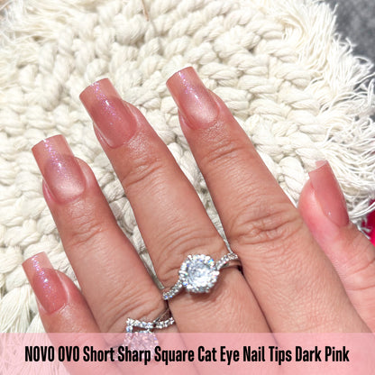 Short Sharp Square Cat Eye Nail Tips Dark Pink