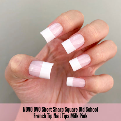 Short Sharp Square Nail Tips Wide White French Tip Milky Pink