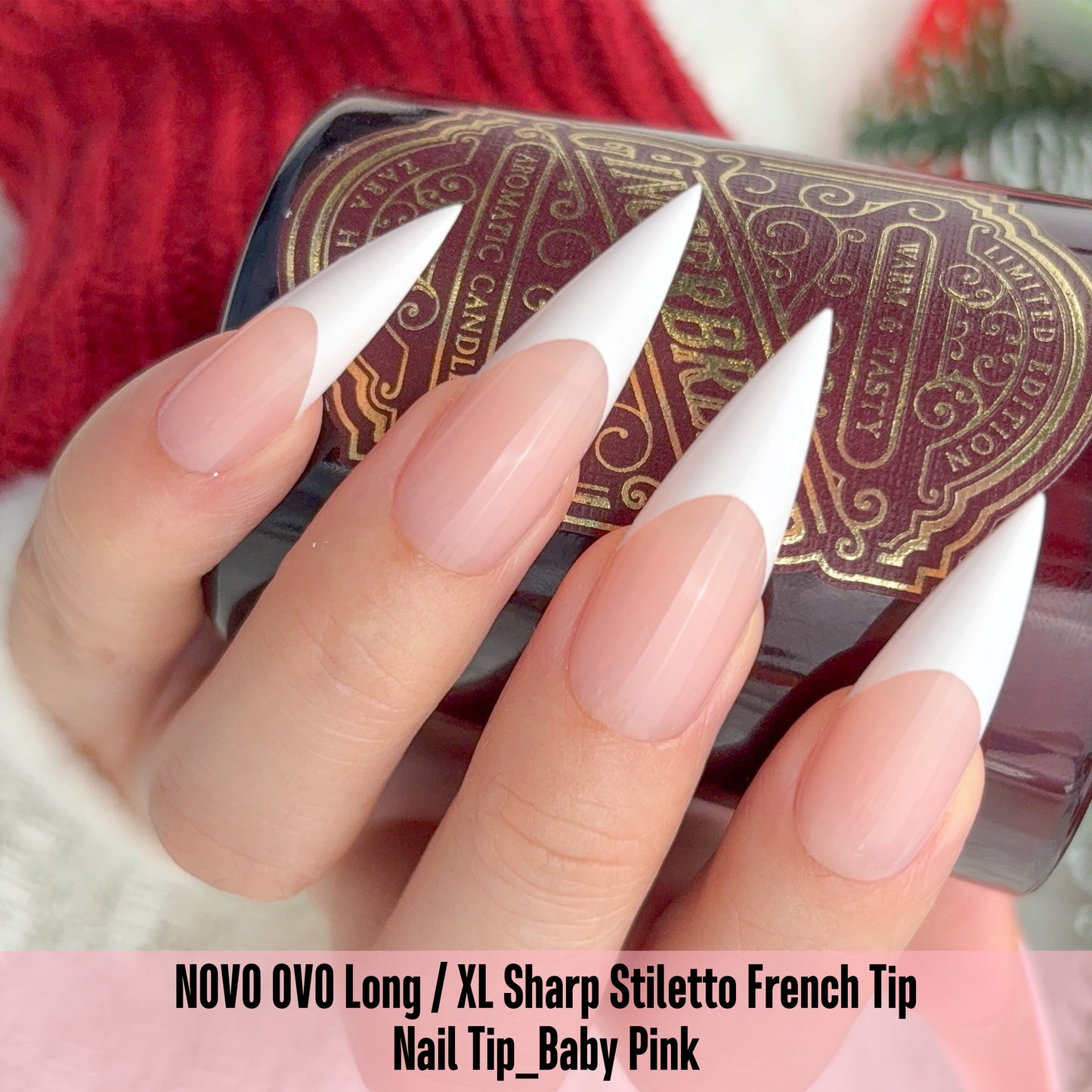 Long XL Sharp Stiletto White French Tip Nail Tips Baby Pink