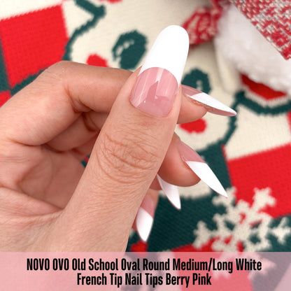 Medium Long Oval Round Old School White French Tip Berry Pink 240
