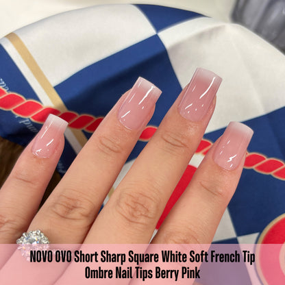 Short Sharp Square White Soft French Tip Ombre Nail Tips Berry Pink 240