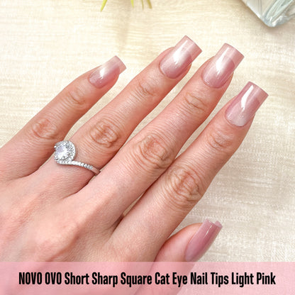 Short Sharp Square Cat Eye Nail Tips Light Pink