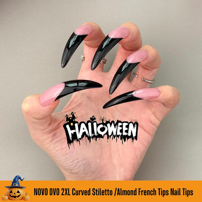 Halloween Black XXL Curved Stiletto Almond Black French Tip Nail Tips