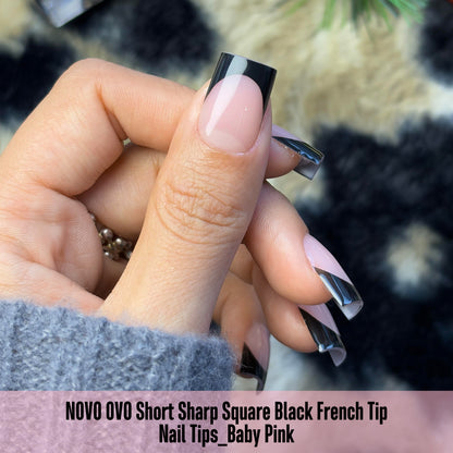 Short Sharp Square Nail Tips Black French Tip BABY PINK