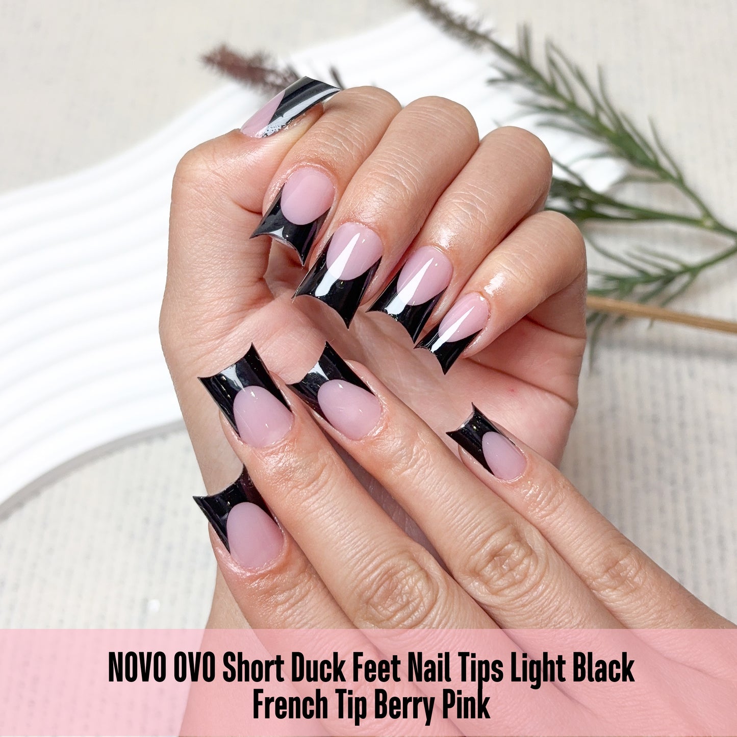 Duck Nails Short with Moon Curve Black French Tips Berry Pink