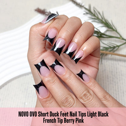 Duck Nails Short with Moon Curve Black French Tips Berry Pink