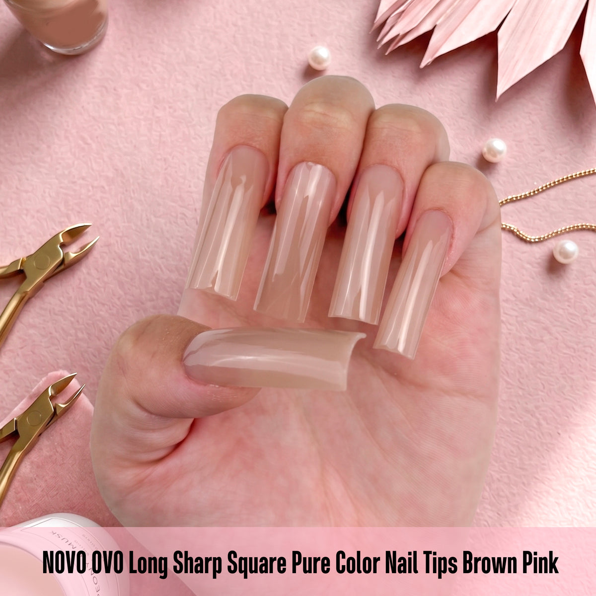 Long Sharp Square Pure Color Nail Tips Brown Pink 180